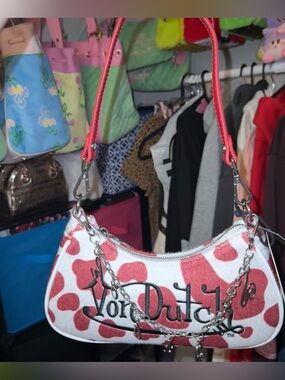 NWT Von Dutch Red Cow Print Shoulder Bag With Chain Bag Charm